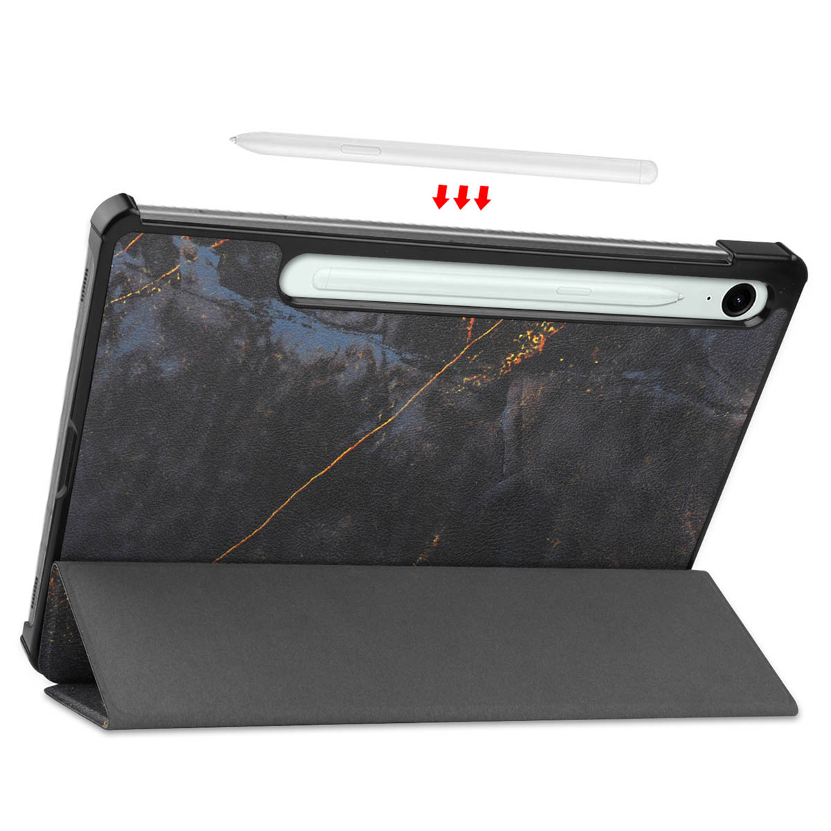 Tablet met hoes en stylus. De hoes is open, schuin. Stylus erboven.