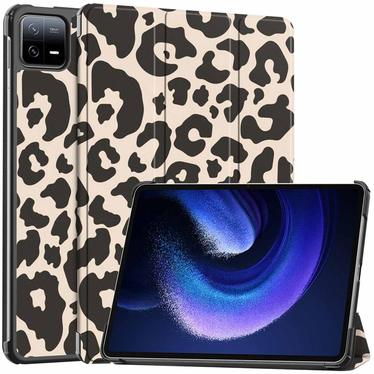 Tablet with leopard print case, showing tablet and case from multiple angles, white bg.
