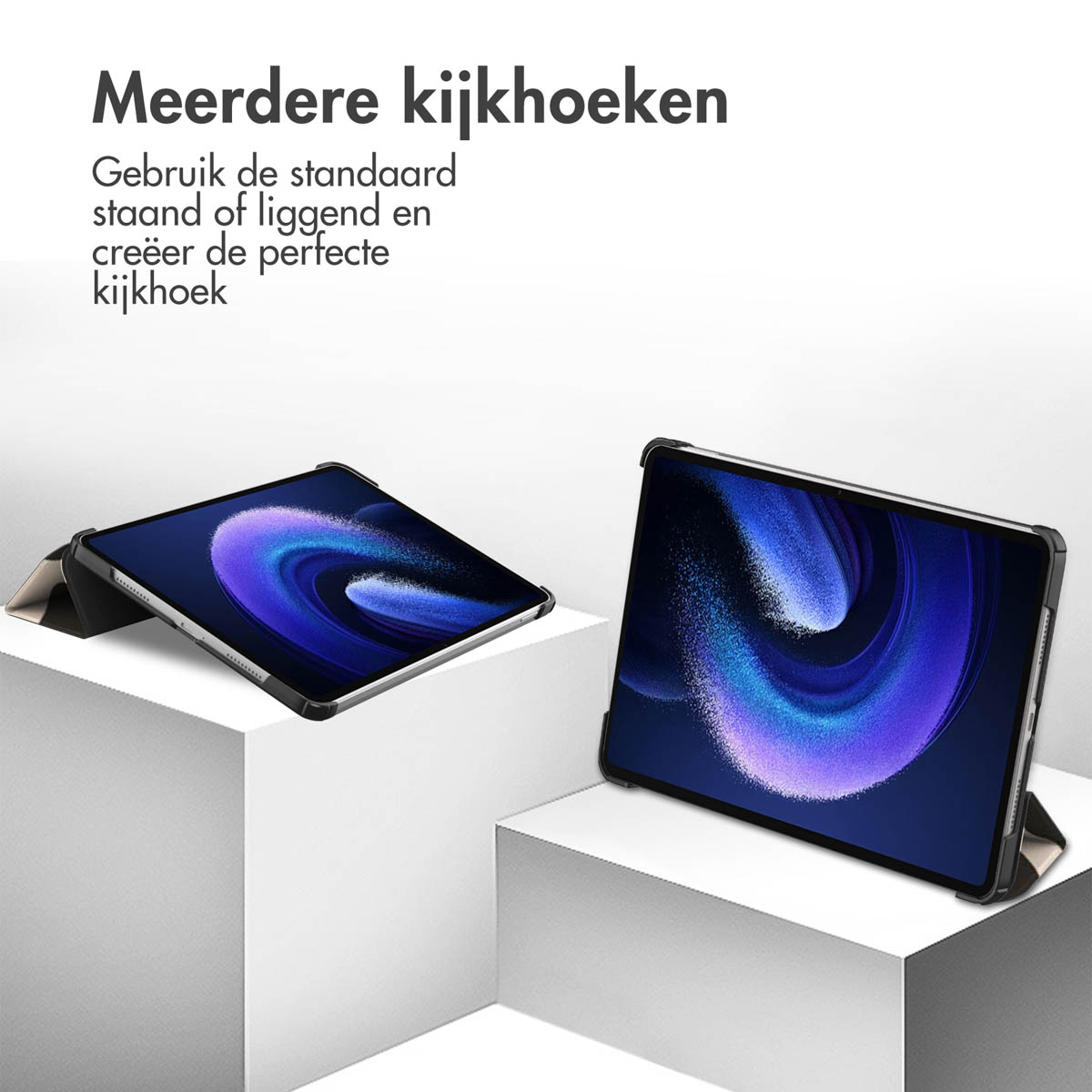 Two tablets in different positions. Both cases are open, showing screens.