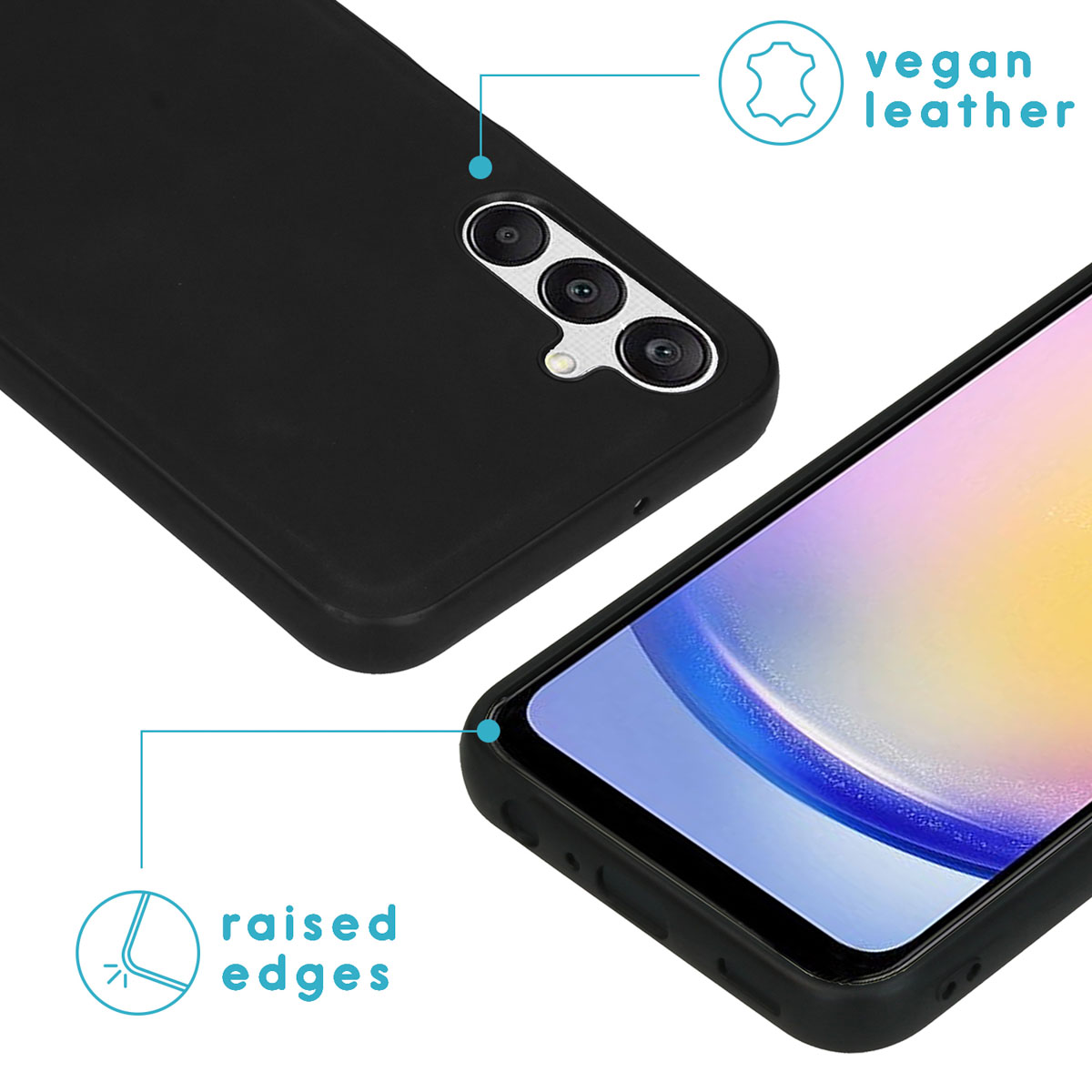 Zwarte telefoonhoes. Hoes heeft drie camera's. Tekst: veganistisch leer, verhoogde randen.