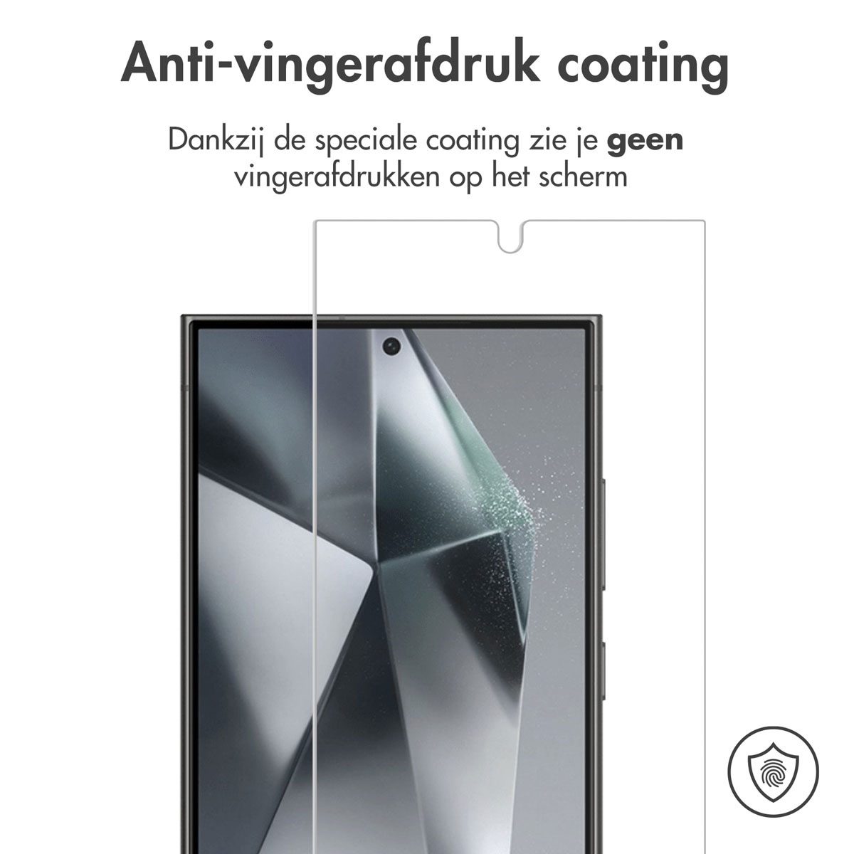 Telefoonschermbeschermer met een telefoon. Tekst geeft anti-vingerafdruk coating aan.