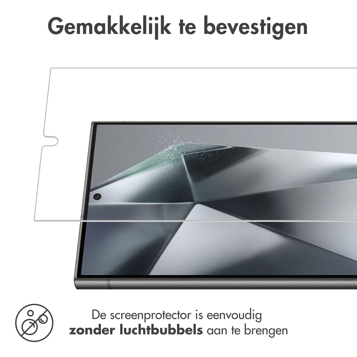 Een screenprotector wordt aangebracht op een telefoonscherm. Tekst zegt: makkelijke applicatie zonder bellen.