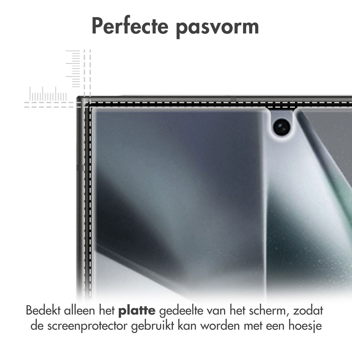 Screenprotector aangebracht op een telefoon. Bedekt alleen het platte deel van het scherm.