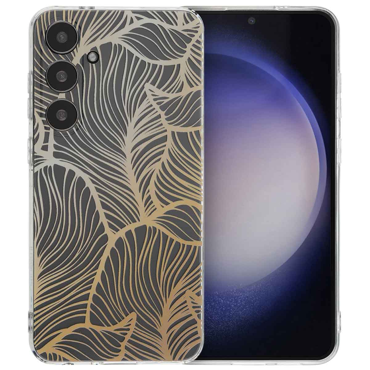 Coque de téléphone avec motif de feuilles dorées sur fond sombre, couvrant le téléphone.