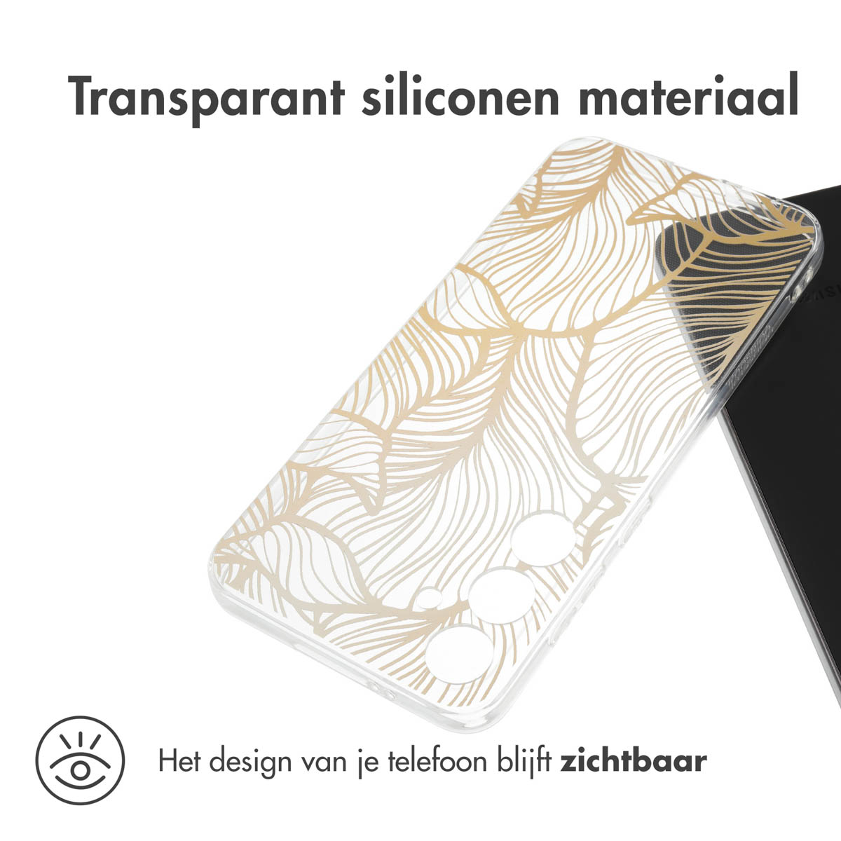 Téléphone avec une coque transparente avec un motif de feuilles dorées. L'arrière du téléphone est visible.