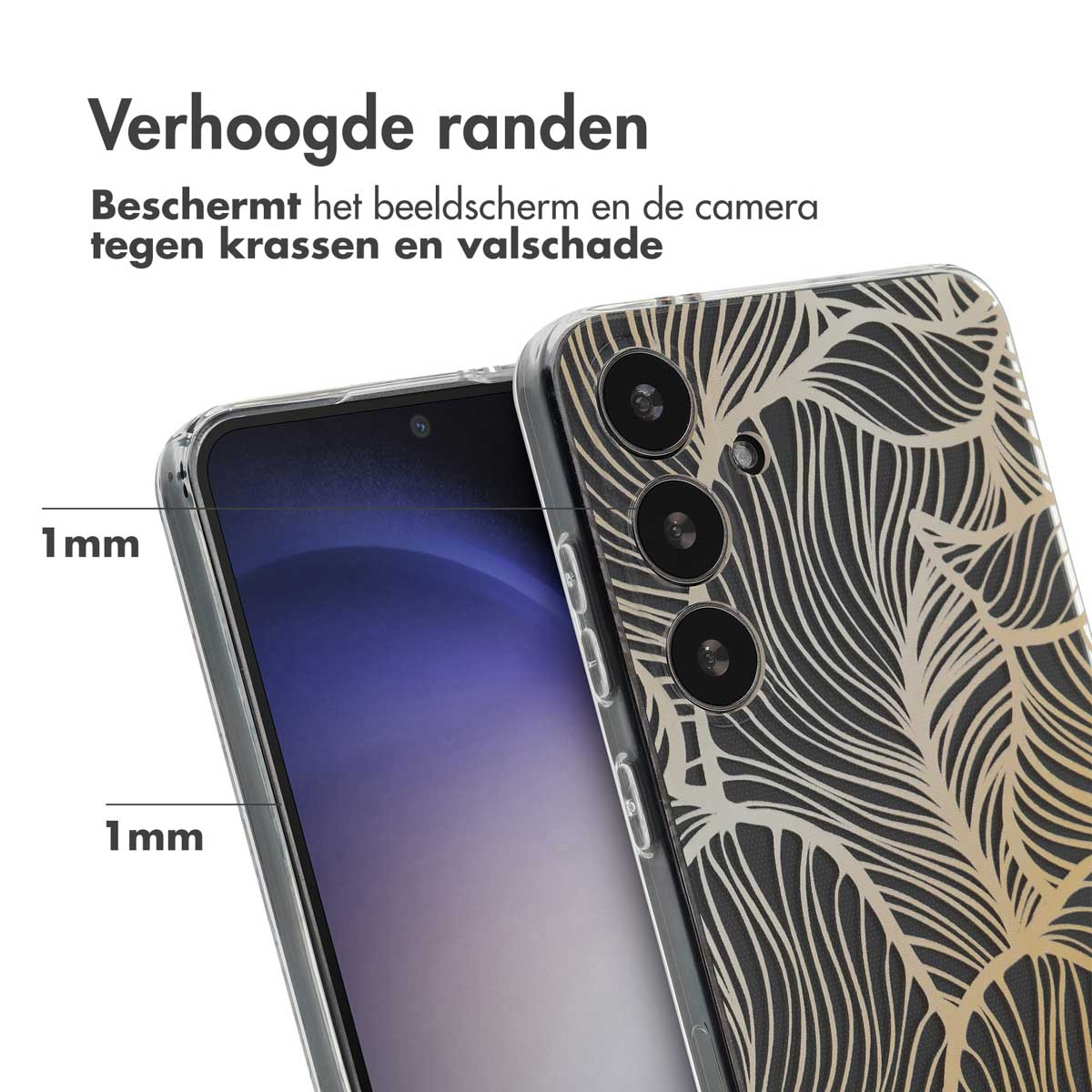 Coque de téléphone avec design de feuille dorée, protégeant l'écran et la caméra.