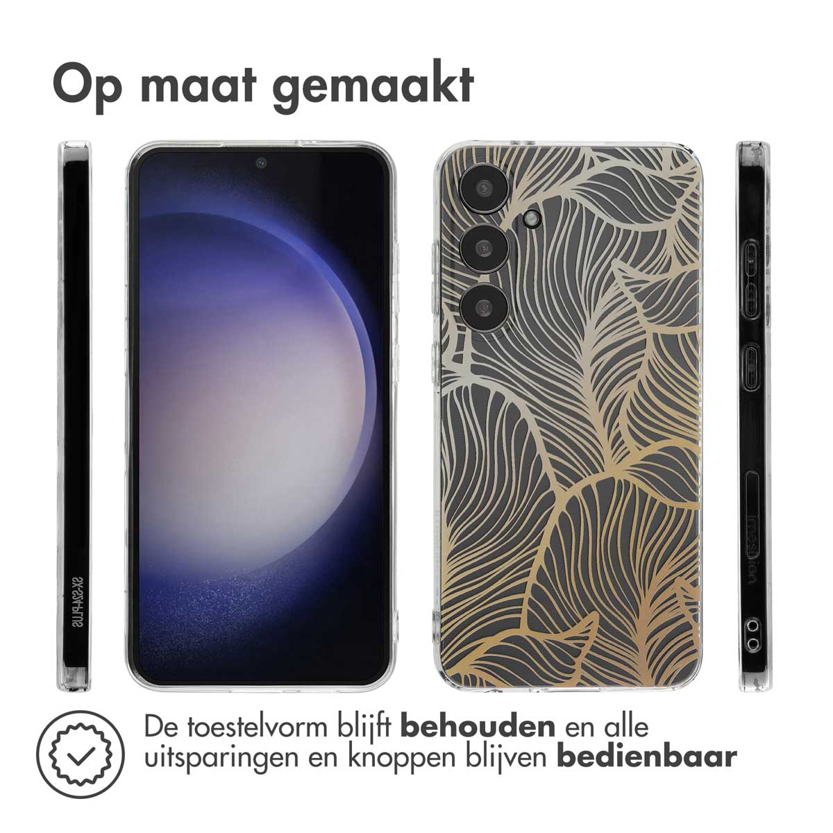 Une coque de téléphone avec un motif floral et le téléphone. L'étui est transparent, le téléphone est doré.