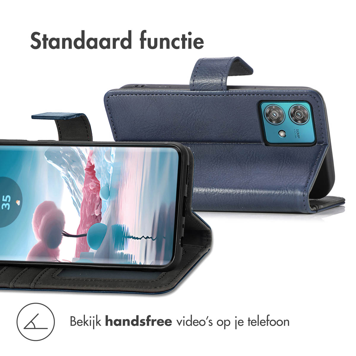 Handyhülle mit Ständerfunktion. Sie ist blau und das Telefon befindet sich in der Hülle und zeigt ein Video.