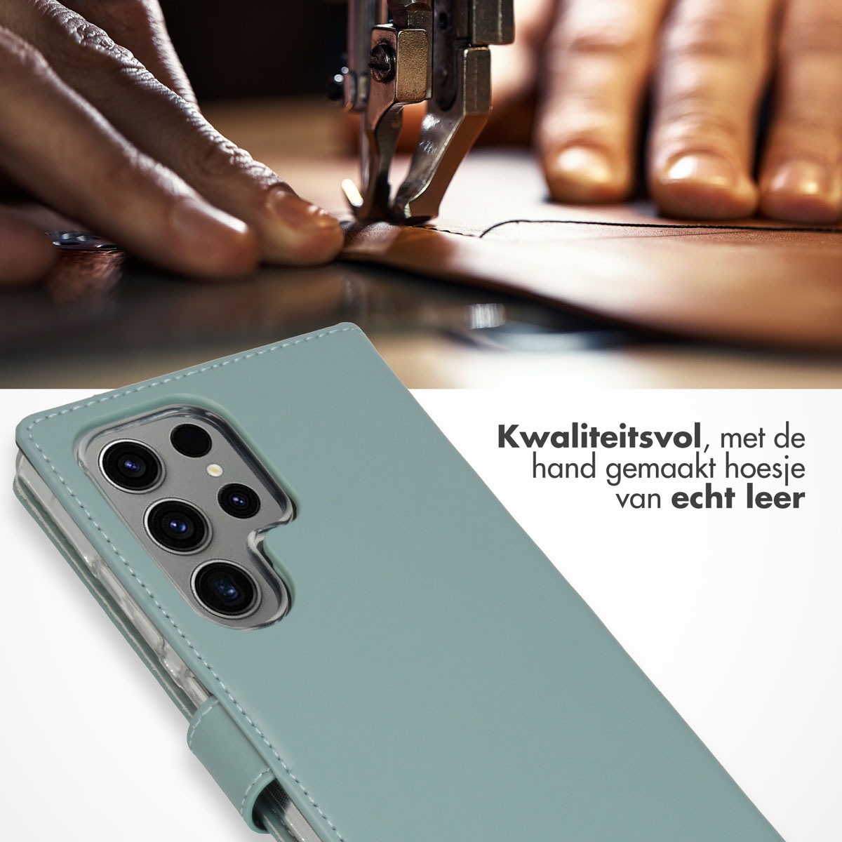 Mani che cuciono la pelle, custodia blu in pelle con testo in olandese.