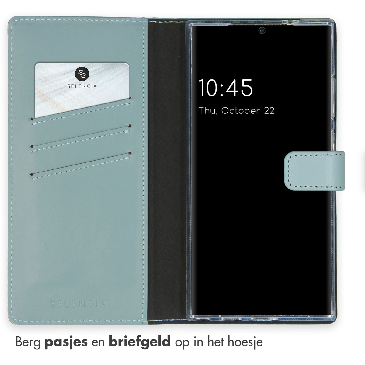 Blaues Wallet Case mit Telefon. Kartenfächer und Uhrzeit auf dem Bildschirm.