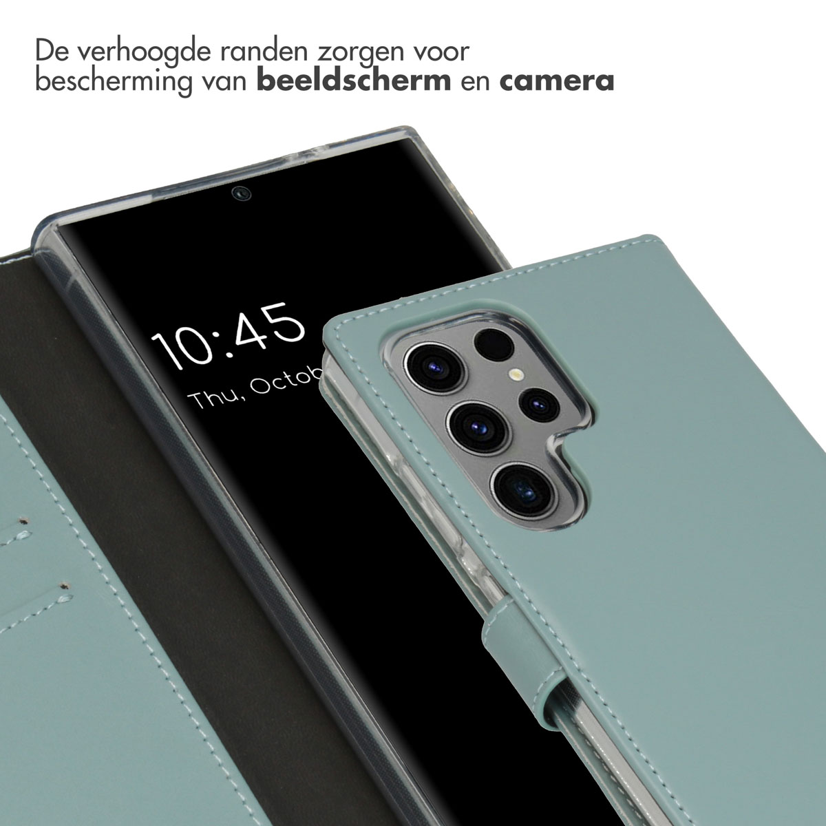 Eine tealfarbene Handyhülle mit einem Telefon darin, das den Bildschirm mit Uhrzeit zeigt.