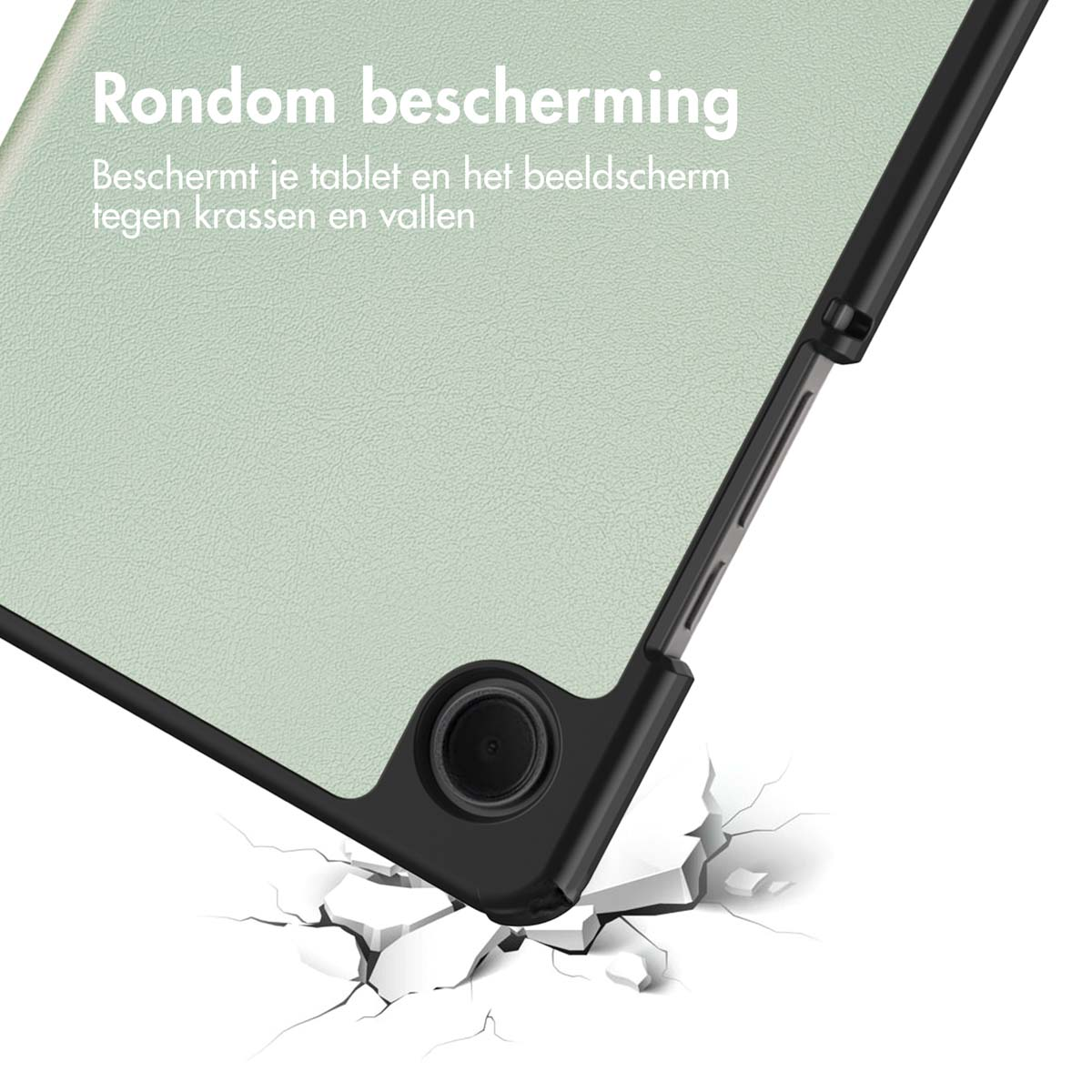 Tablet in schwarzer Hülle, Risse unter der Ecke, zeigt Aufprallschutz.