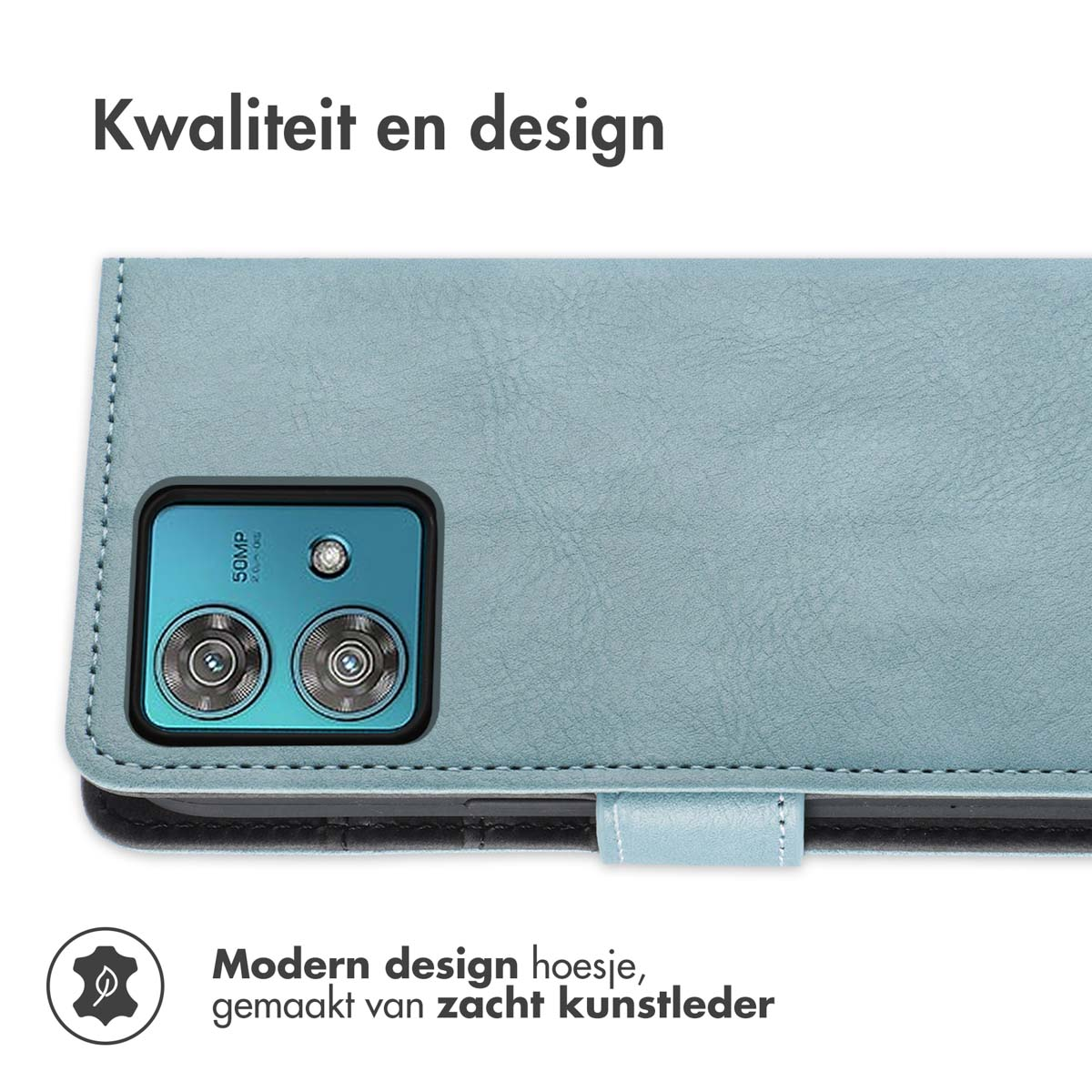 Blaue Handyhülle offen, zeigt Telefon. Die Hülle ist blau mit Kamera und Designelementen.