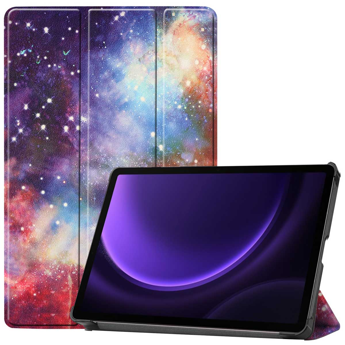 Un étui de tablette avec un design de galaxie et une tablette à l'intérieur. L'étui est ouvert.