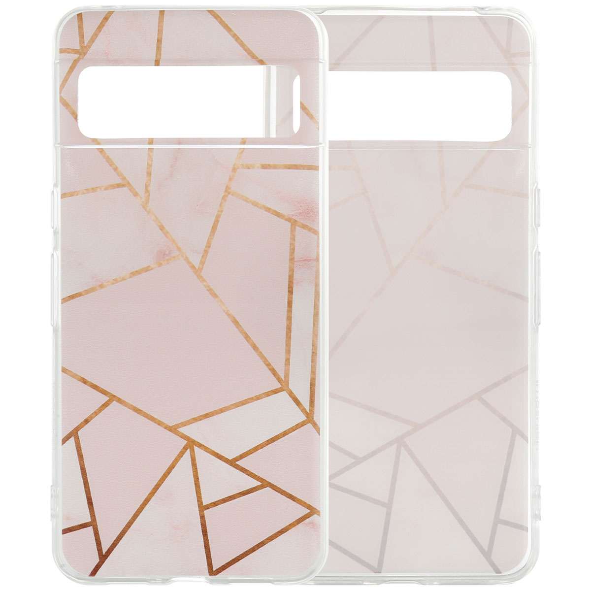 Twee telefoonhoesjes met roze en gouden geometrisch patroon. Eén hoesje is transparant.