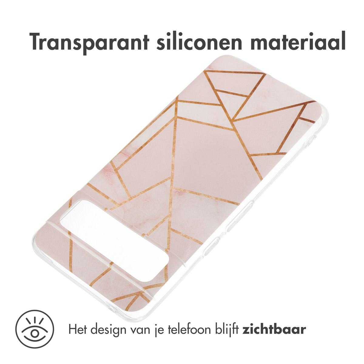 Transparante telefoonhoes met roze en gouden geometrisch ontwerp. Telefoon is zichtbaar.