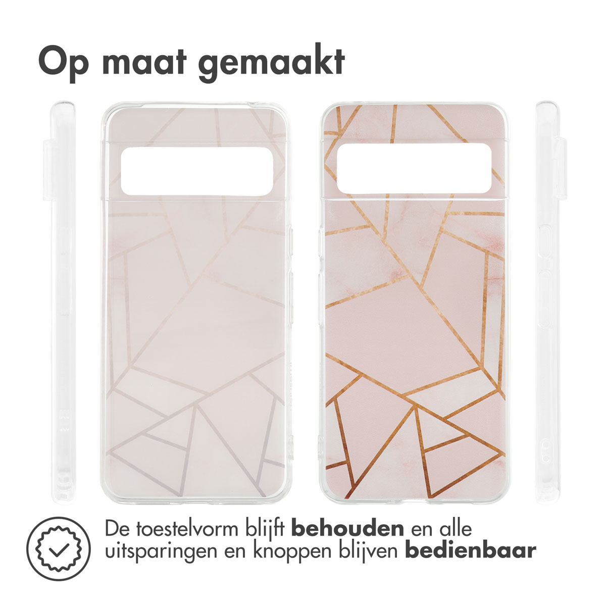 Telefoonhoesjes met een roze en gouden patroon. De telefoon zit in de hoes en de randen zijn zichtbaar.
