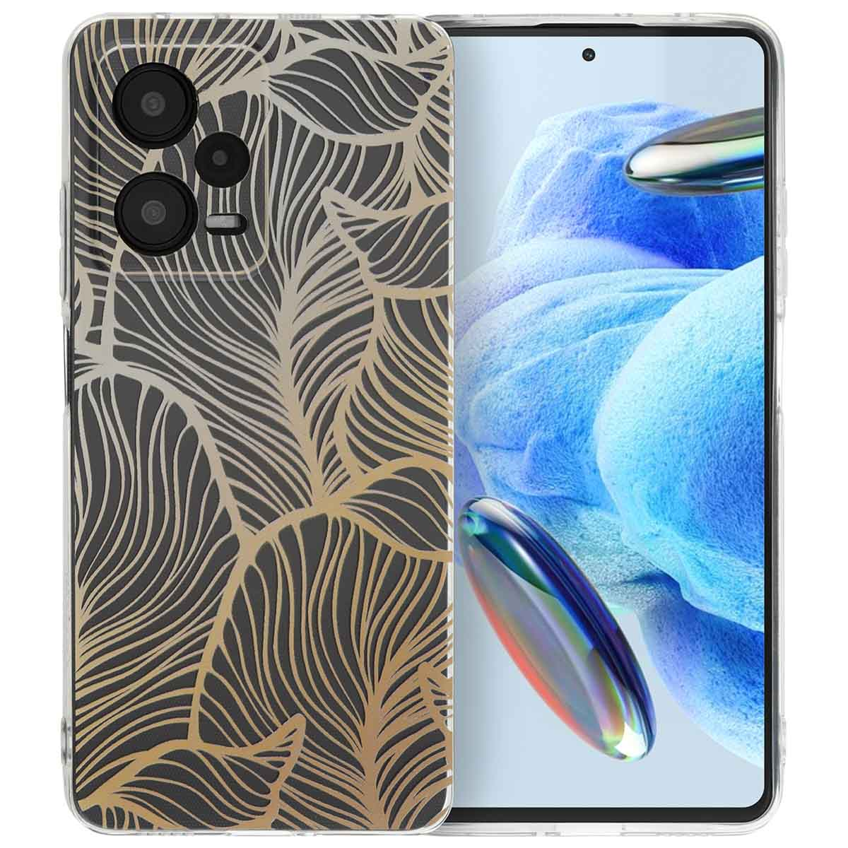 Telefoonhoesje met een gouden blad design op een zwarte achtergrond, transparante zijkanten.