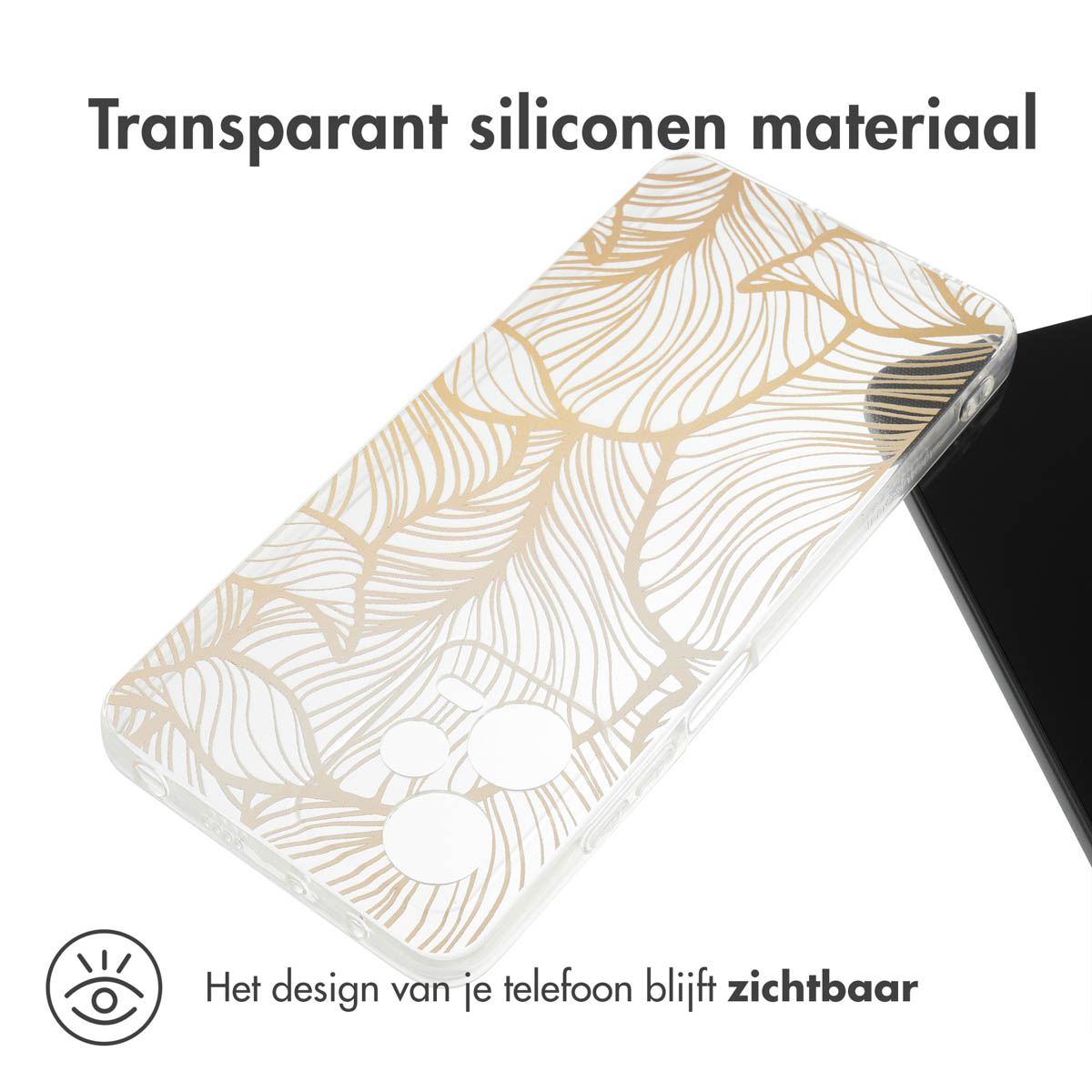 Een transparante telefoonhoes met een gouden bladerenpatroon. Het ontwerp van de telefoon is zichtbaar.