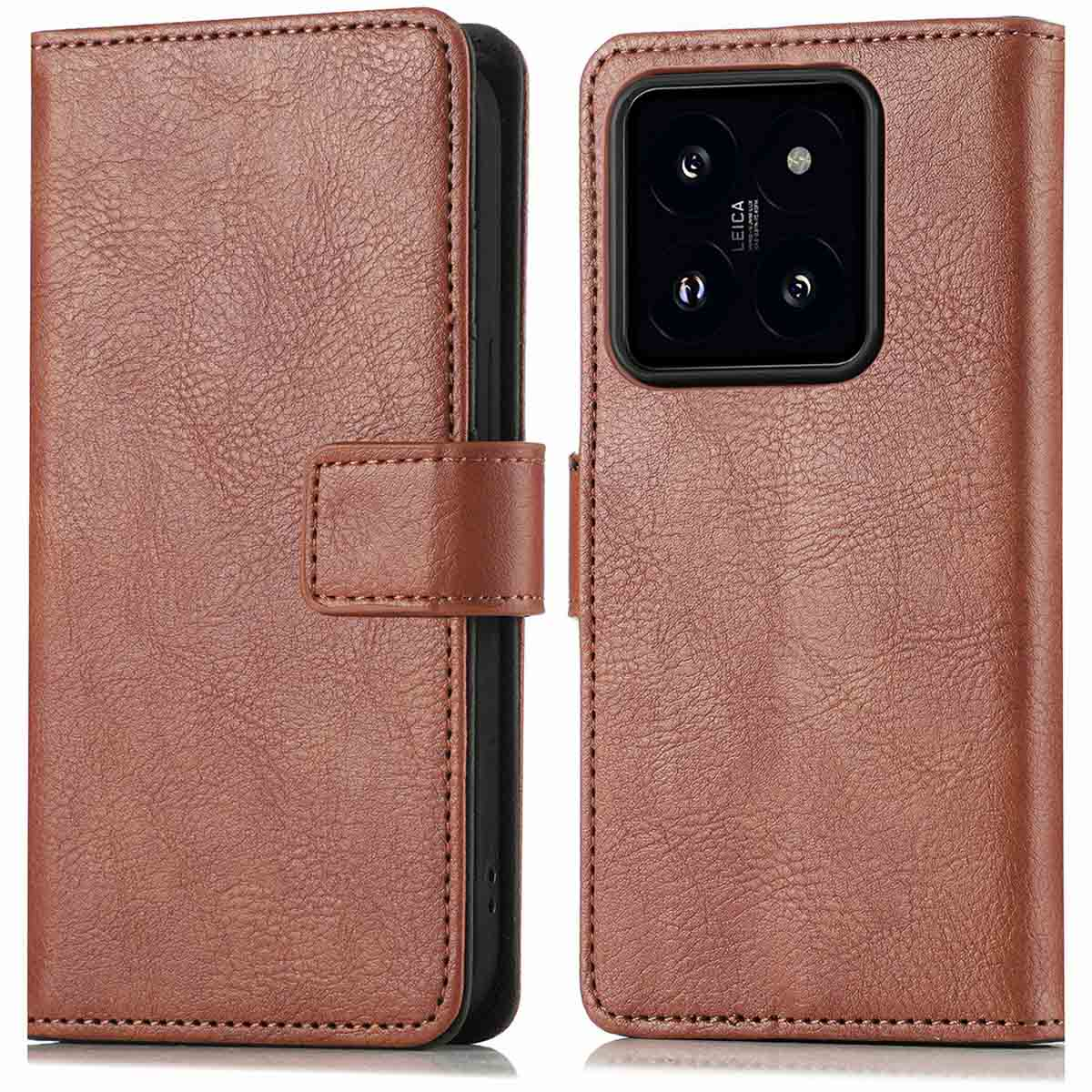 Étui de téléphone en cuir marron, fermé et ouvert, avec téléphone et fentes pour cartes.