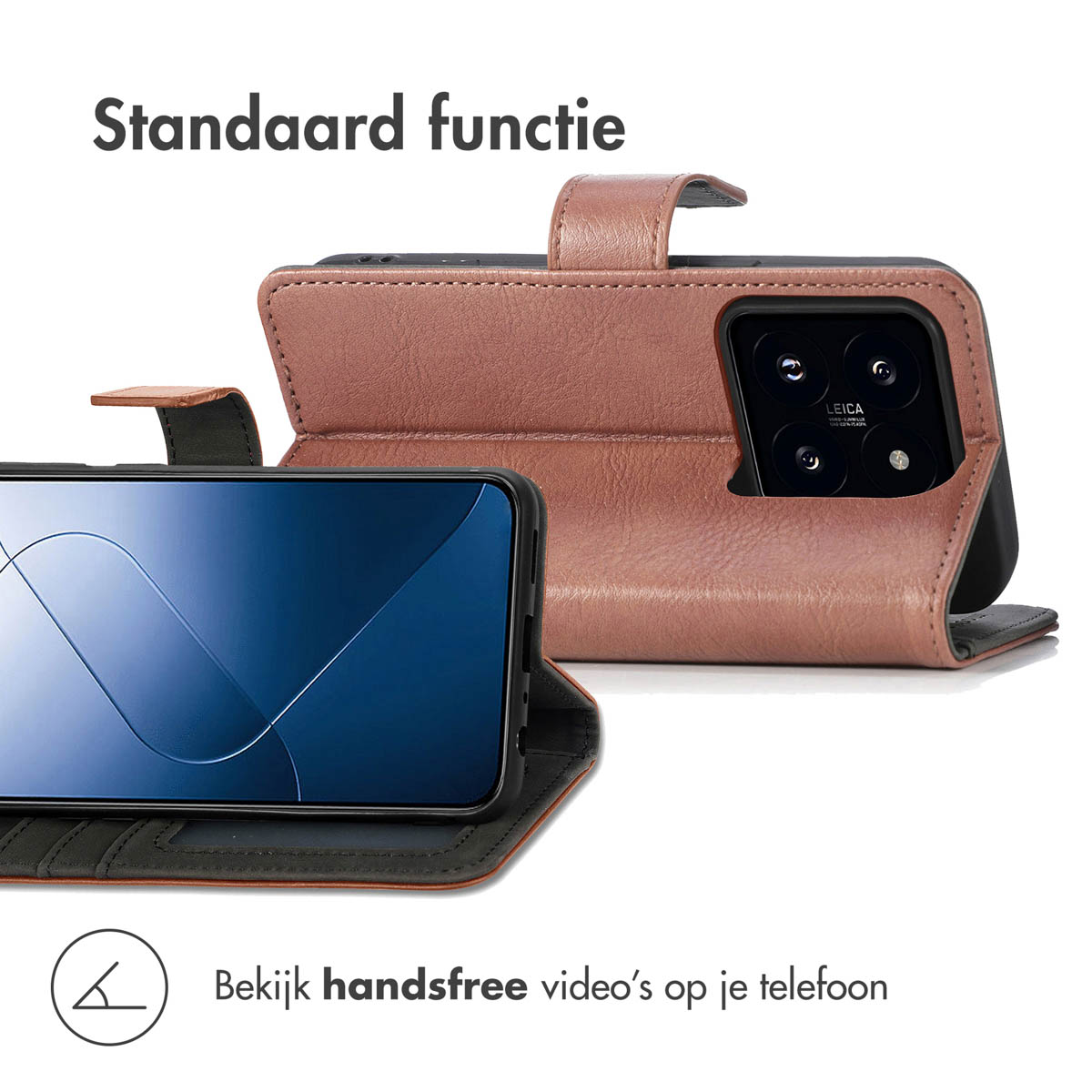 Coque de téléphone, marron, avec un téléphone à l'intérieur, regarder des vidéos mains libres.