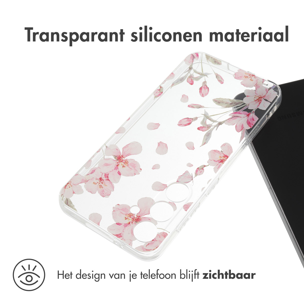 Transparante telefoonhoes. Roze bloemenpatroon. Telefoon zichtbaar. Tekst: Design blijft zichtbaar.