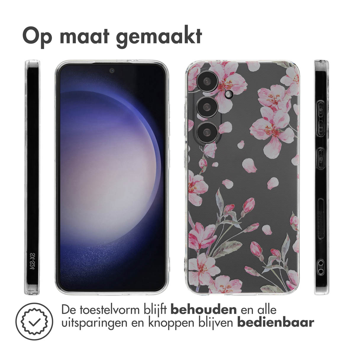 Telefoon met bloemenhoes. Hoesje is transparant, telefoon is zichtbaar, met roze bloemen.