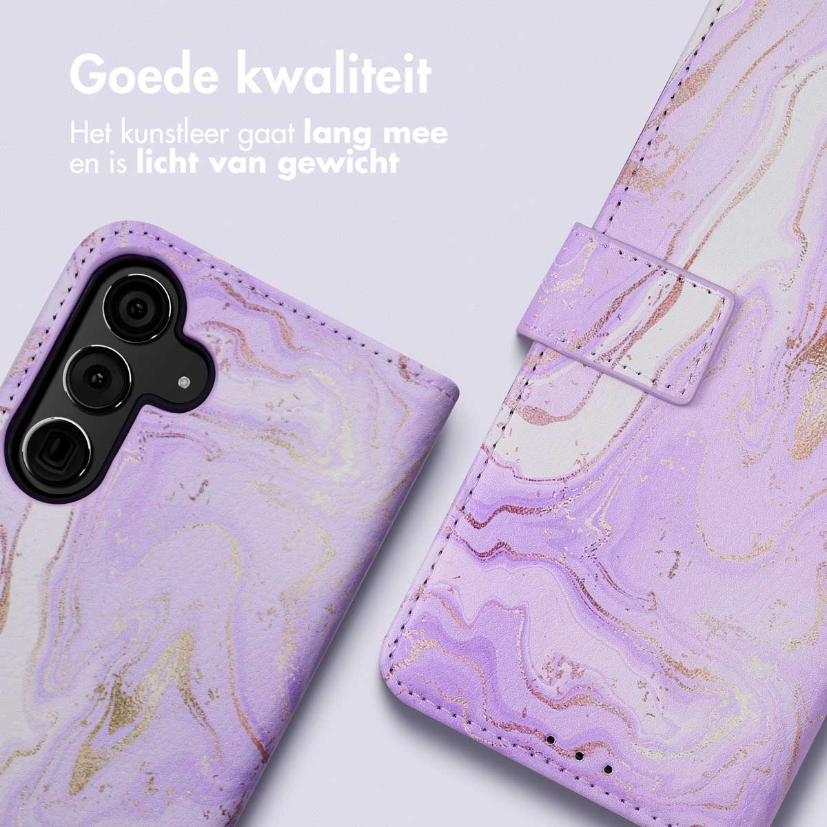 Paarse marmeren telefoonportemonnee, met de telefoon en het ontwerp van de portemonnee. Tekst geeft goede kwaliteit aan.