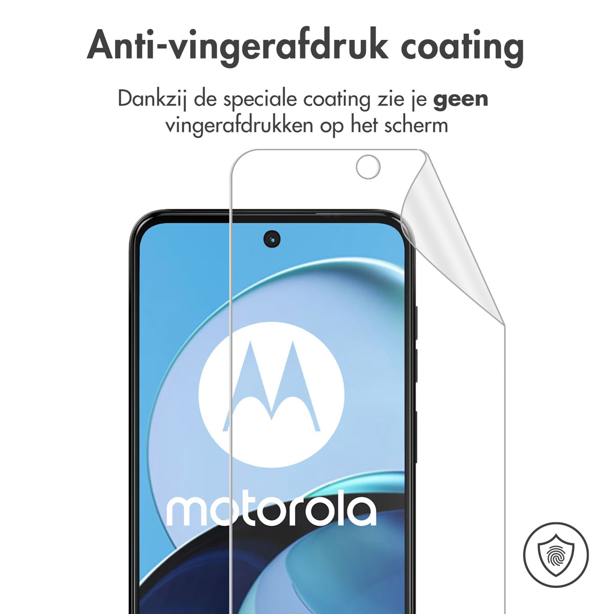Een Motorola-telefoonscherm met een schermbeschermer die wordt afgepeld. Tekst: 'Anti-vingerafdruk coating'.