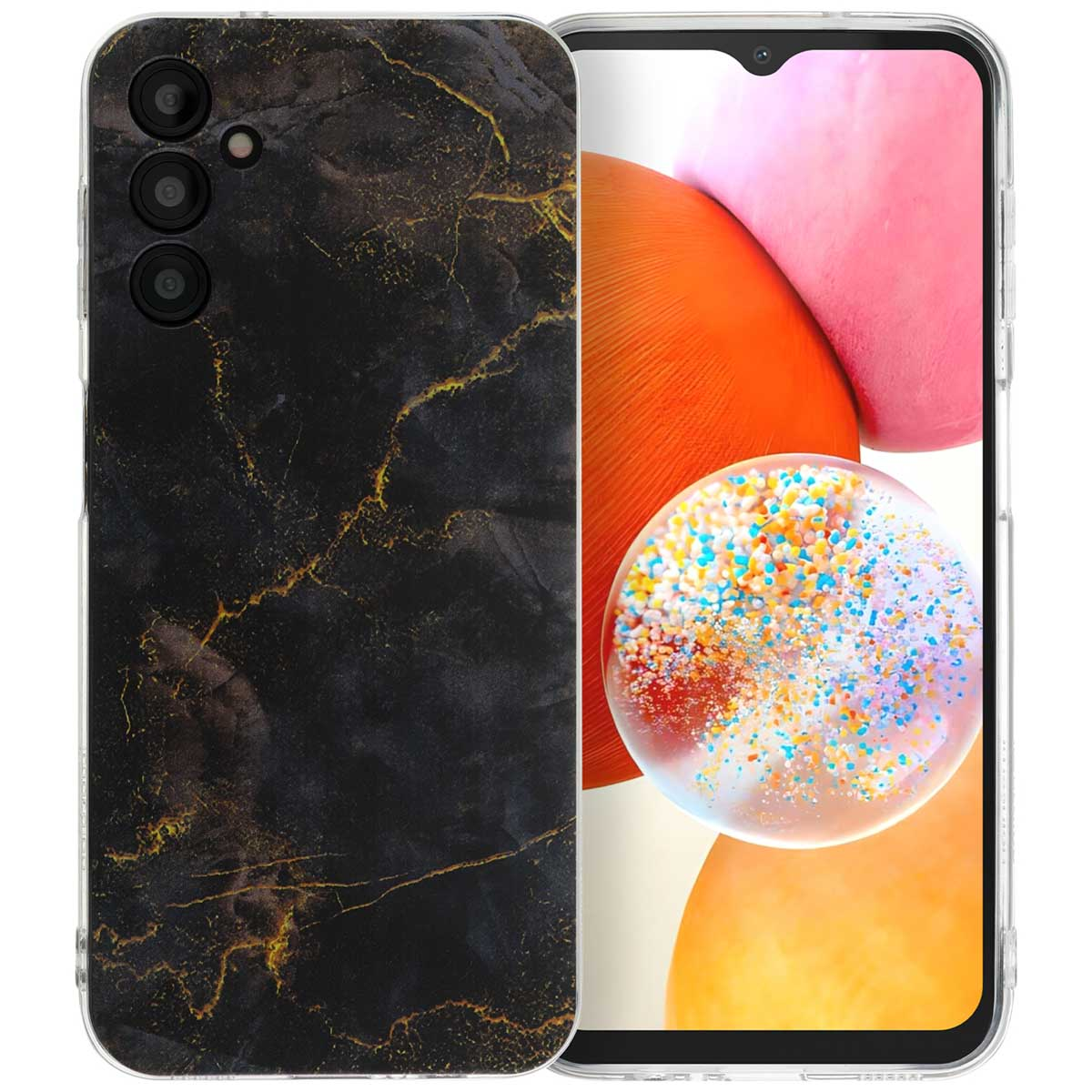 Een telefoonhoesje met een zwart marmerontwerp en een telefoon erin. De telefoon zit in een doorzichtige hoes.