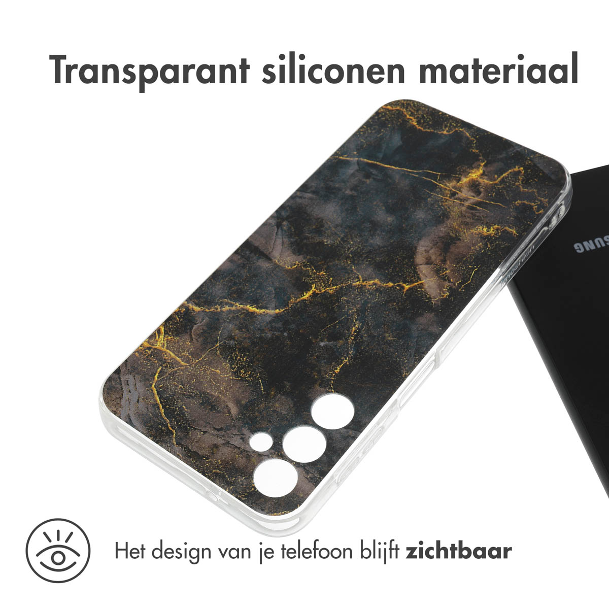 Transparant telefoonhoesje met zwart en goud marmer design. Design blijft zichtbaar.