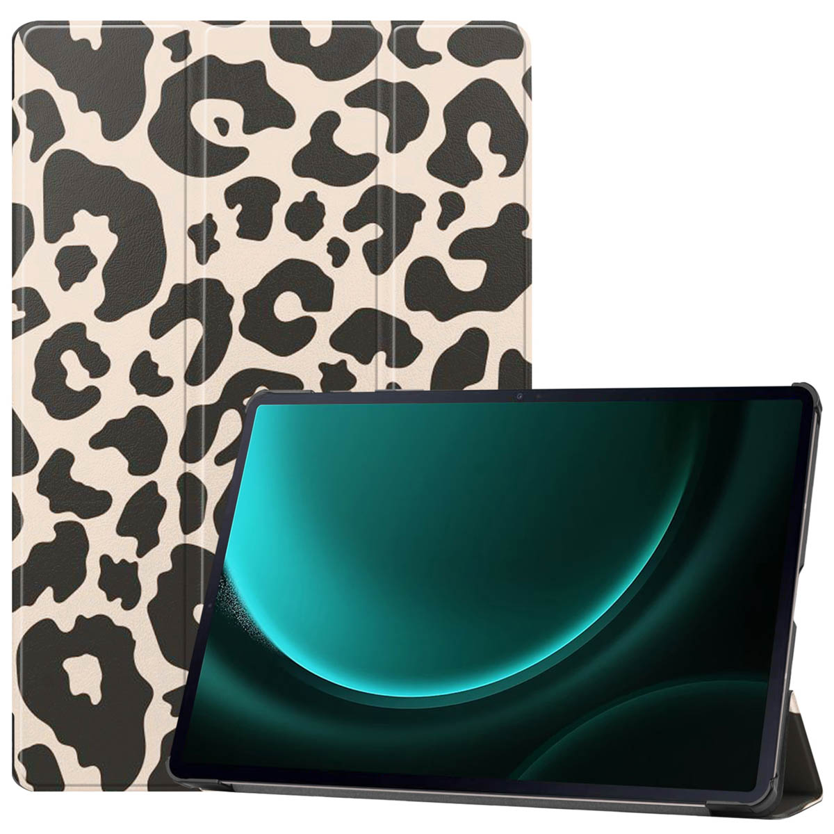 Een tablet met een luipaardprint hoes. De tablet wordt weergegeven met de hoes open.