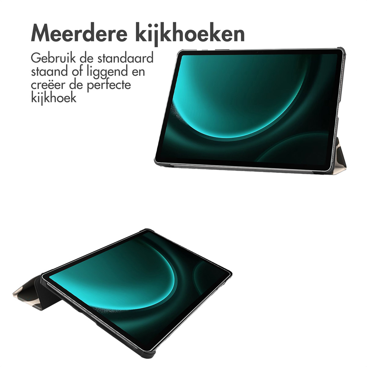 Tablets in een hoes, in verschillende posities. Het scherm toont een groen ontwerp.