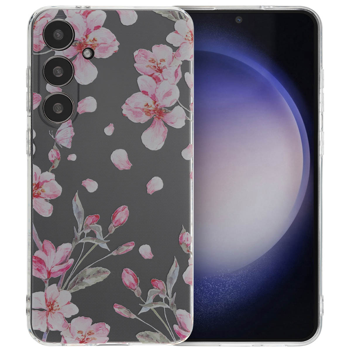 Coque de téléphone transparente avec motif floral rose. Téléphone à droite. Fond transparent.