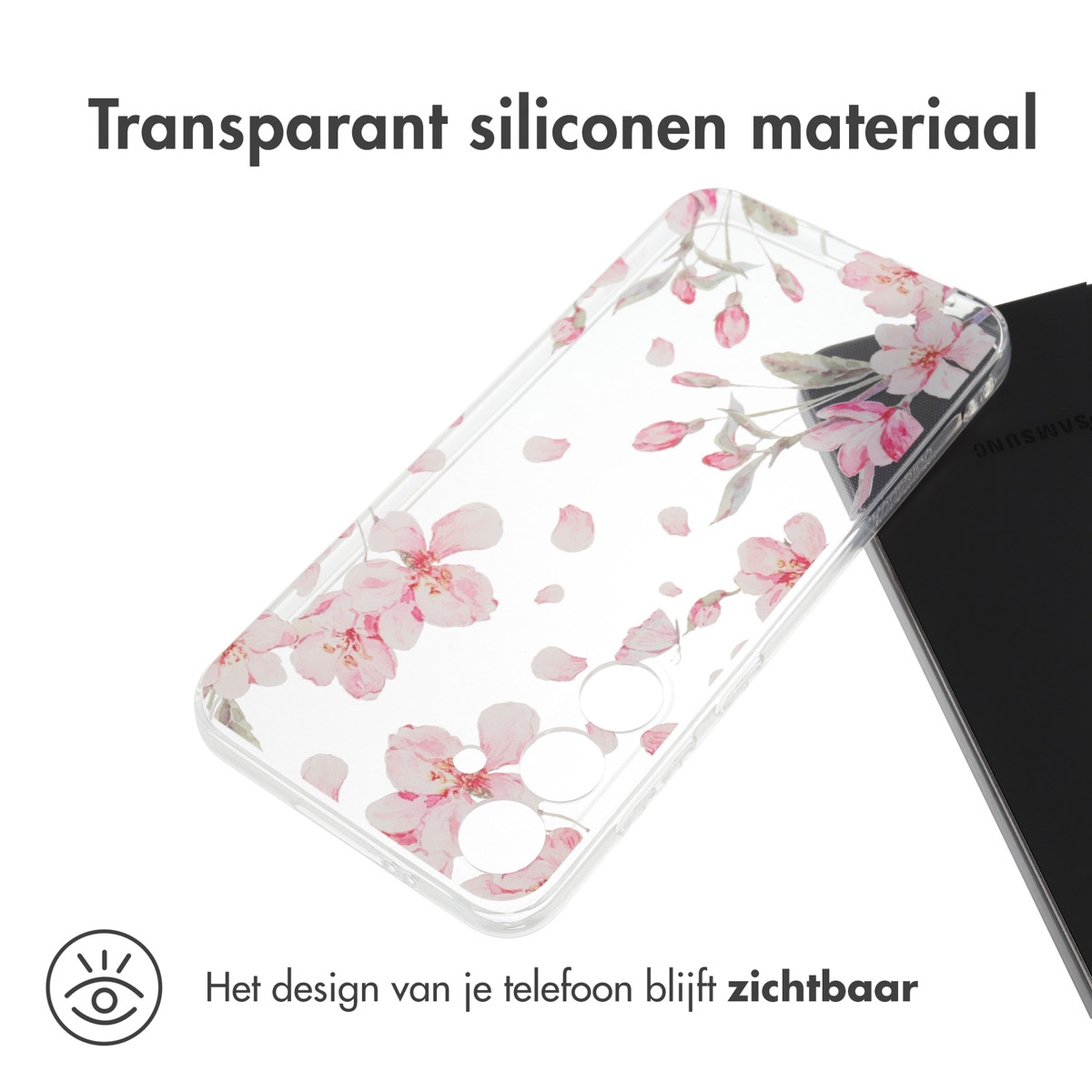 Coque transparente. Motif floral rose. Téléphone visible. Texte: Design reste visible.