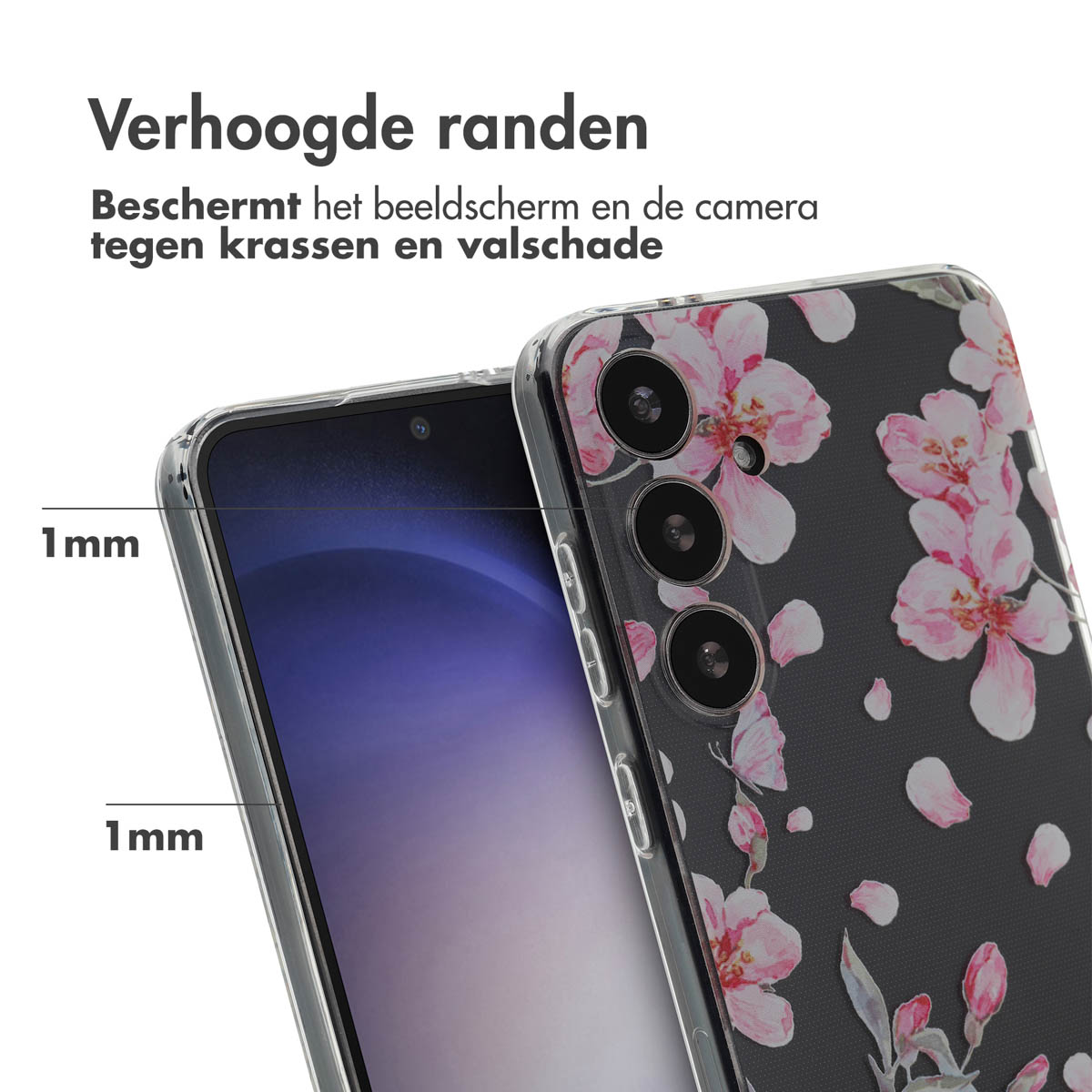 Coque de téléphone avec fleurs roses sur fond noir. Bords surélevés pour écran et caméra.