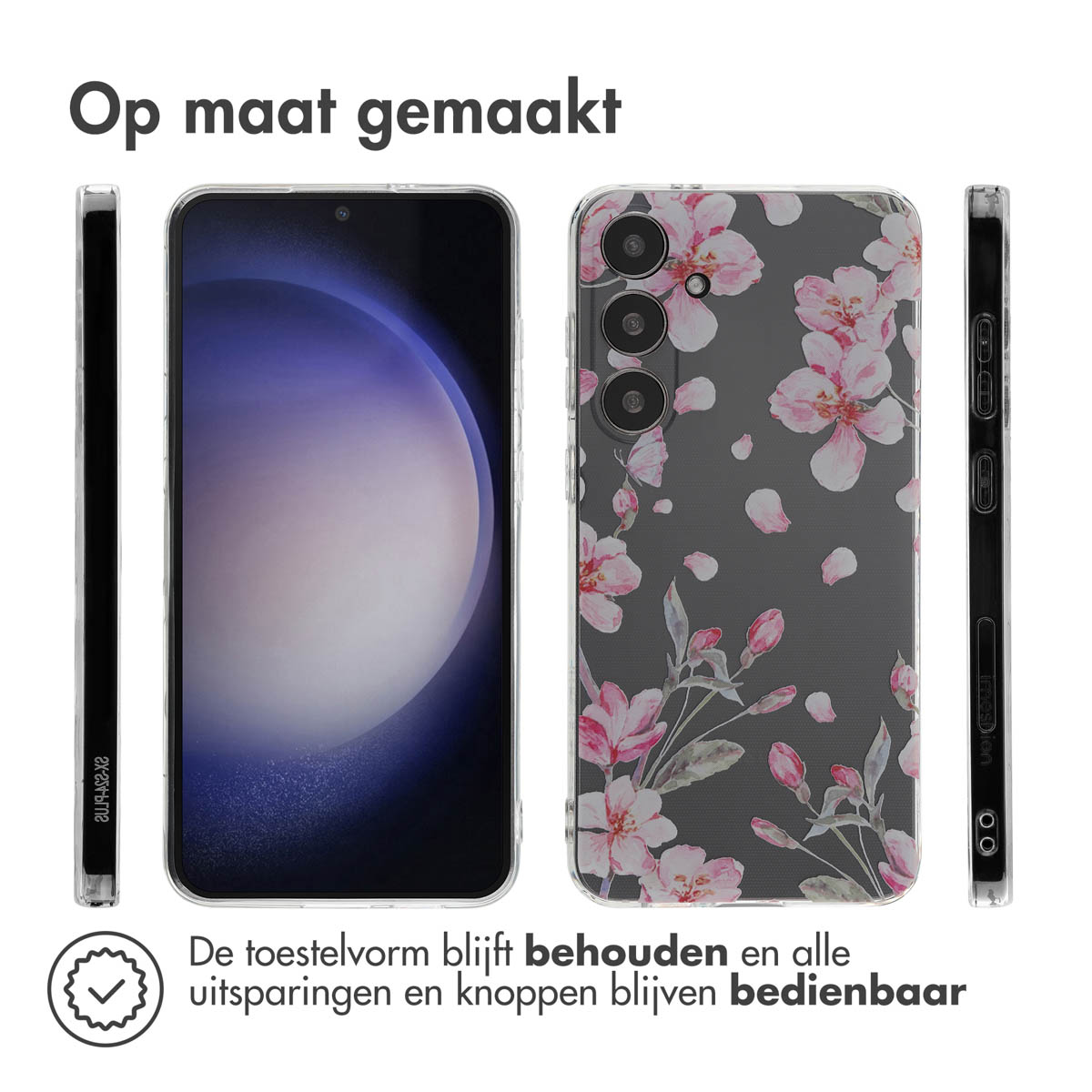 Coque de téléphone transparente avec motif floral rose. Le téléphone est dans la coque.