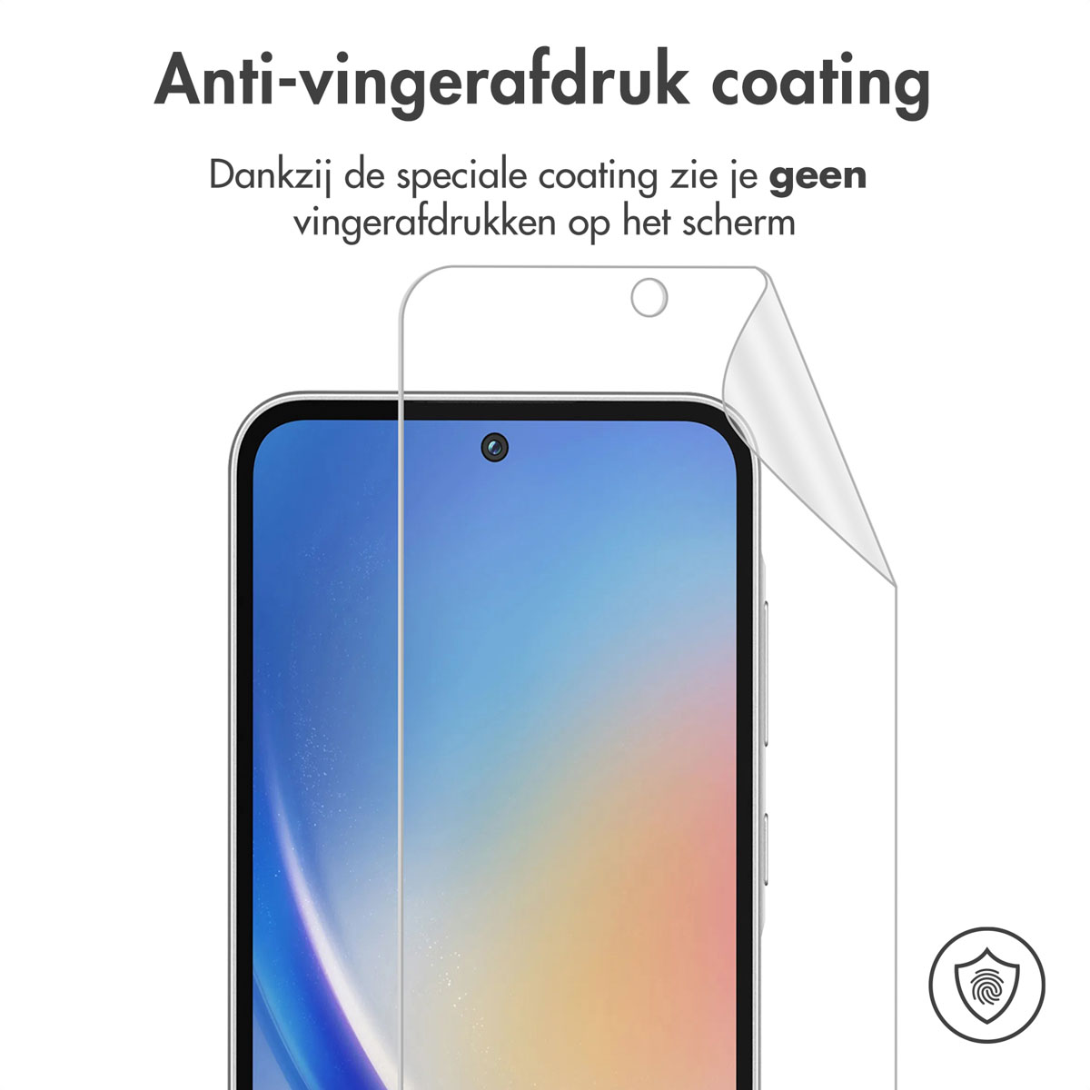 Telefoon met schermbeschermer. Vingerafdrukbescherming wordt geadverteerd.