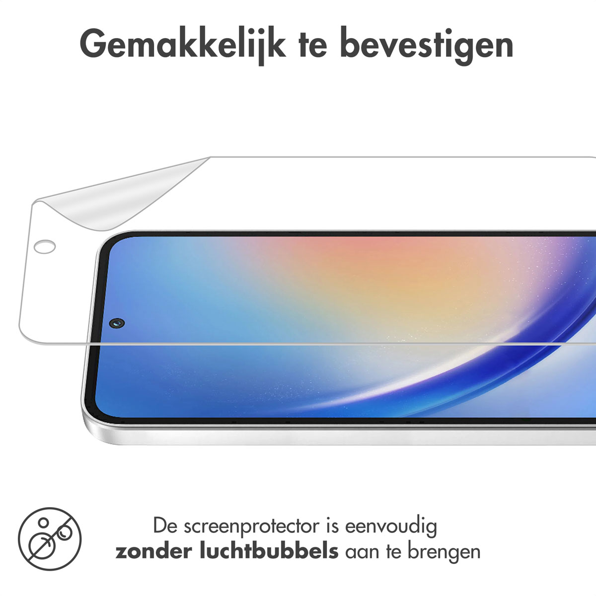 Schermbeschermer die op een telefoon wordt aangebracht. De schermbeschermer staat op het punt op het scherm te worden geplaatst.