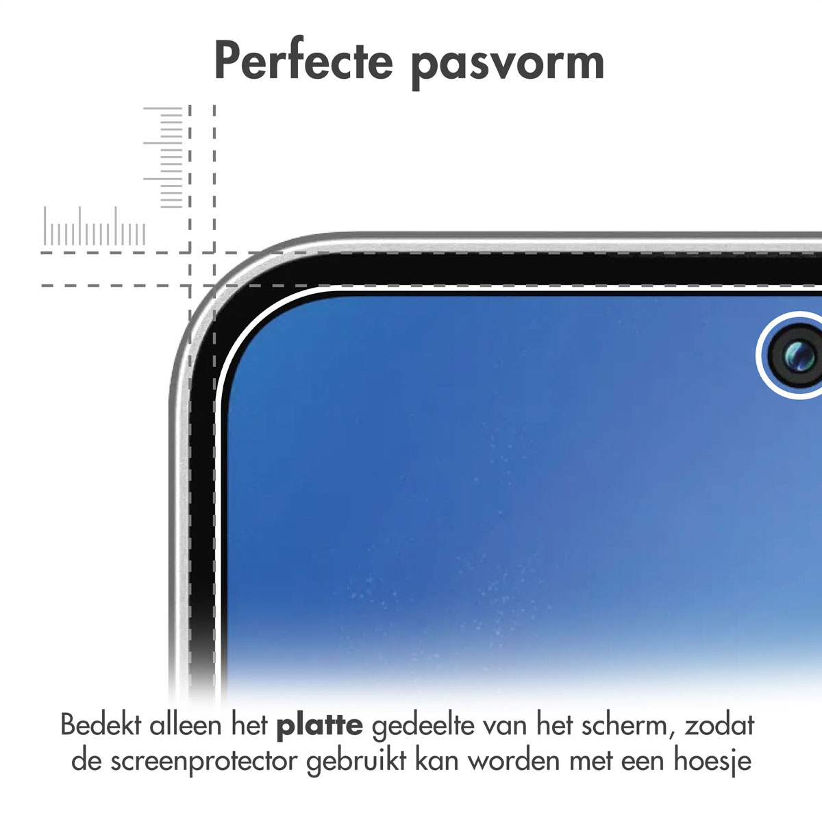 Close-up van een telefoonscherm met screenprotector, tekst bovenaan en een meetinstrument.