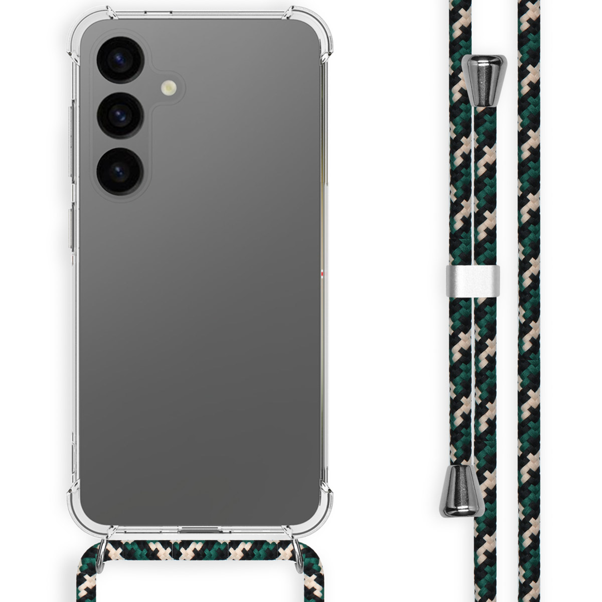 Een telefoon met een doorzichtige hoes en een zwart, groen en wit patroon koord. De hoes is transparant.