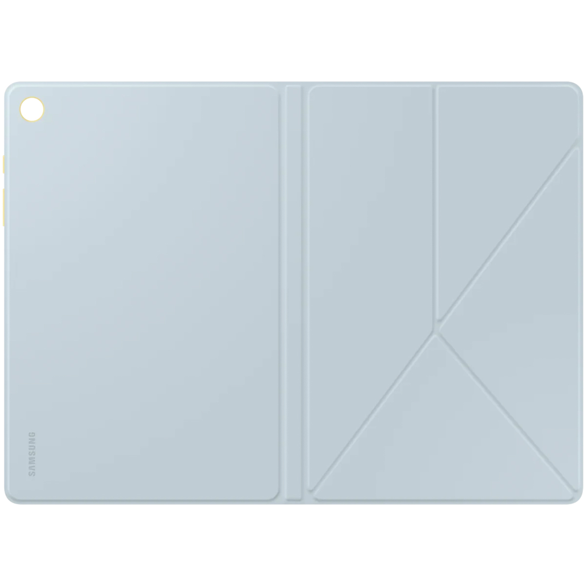 Jasnoniebieskie etui na tablet, otwarte. Pokrywa ma geometryczny wzór. Tablet nie jest widoczny.