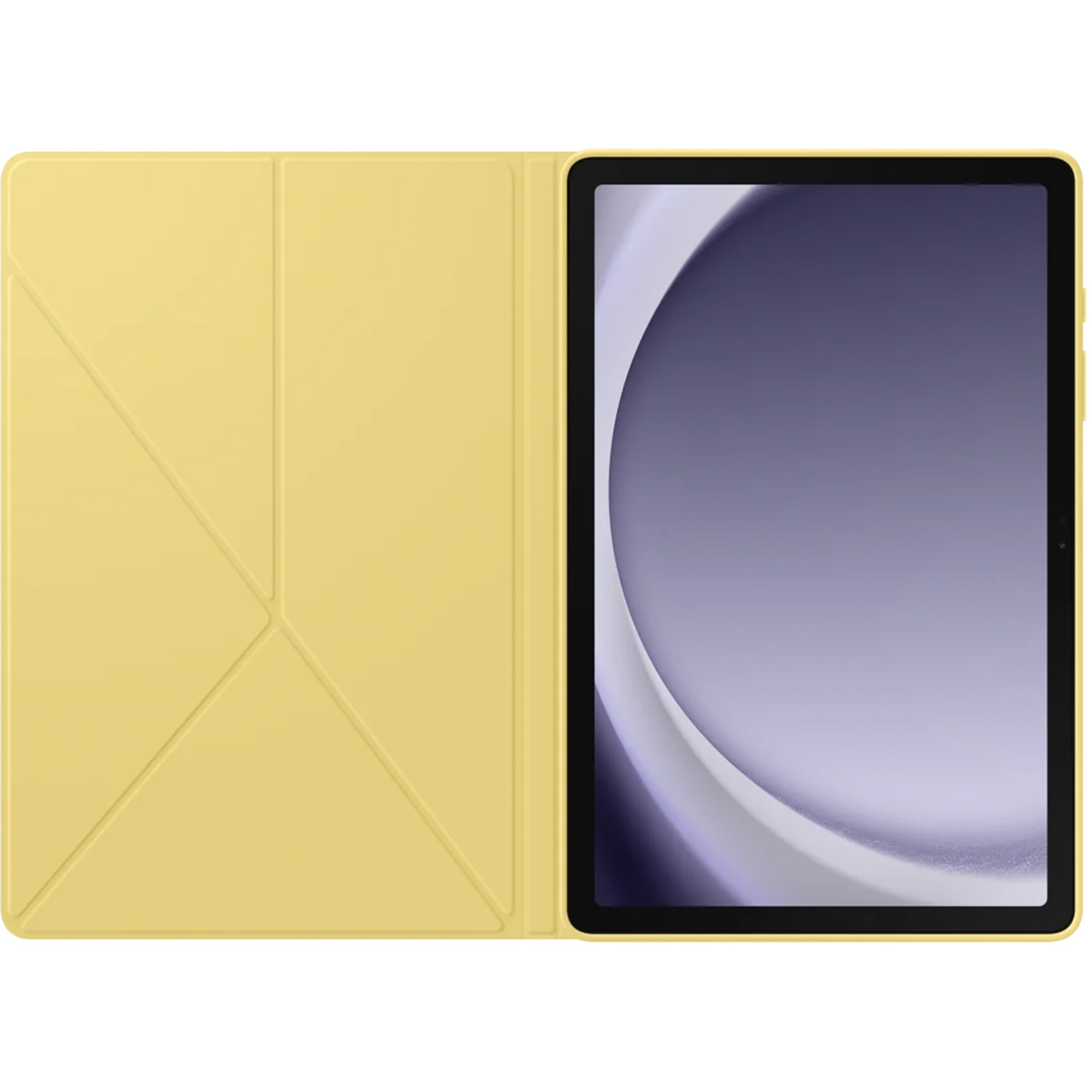 Żółte etui na tablet, otwarte, z tabletem w środku. Białe tło. Tablet jest włączony.