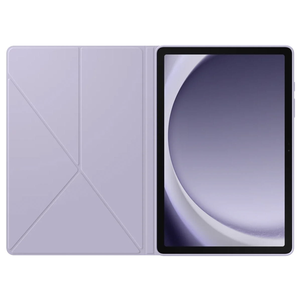 Una tableta con una cubierta lila. La pantalla está encendida con un fondo morado y blanco.