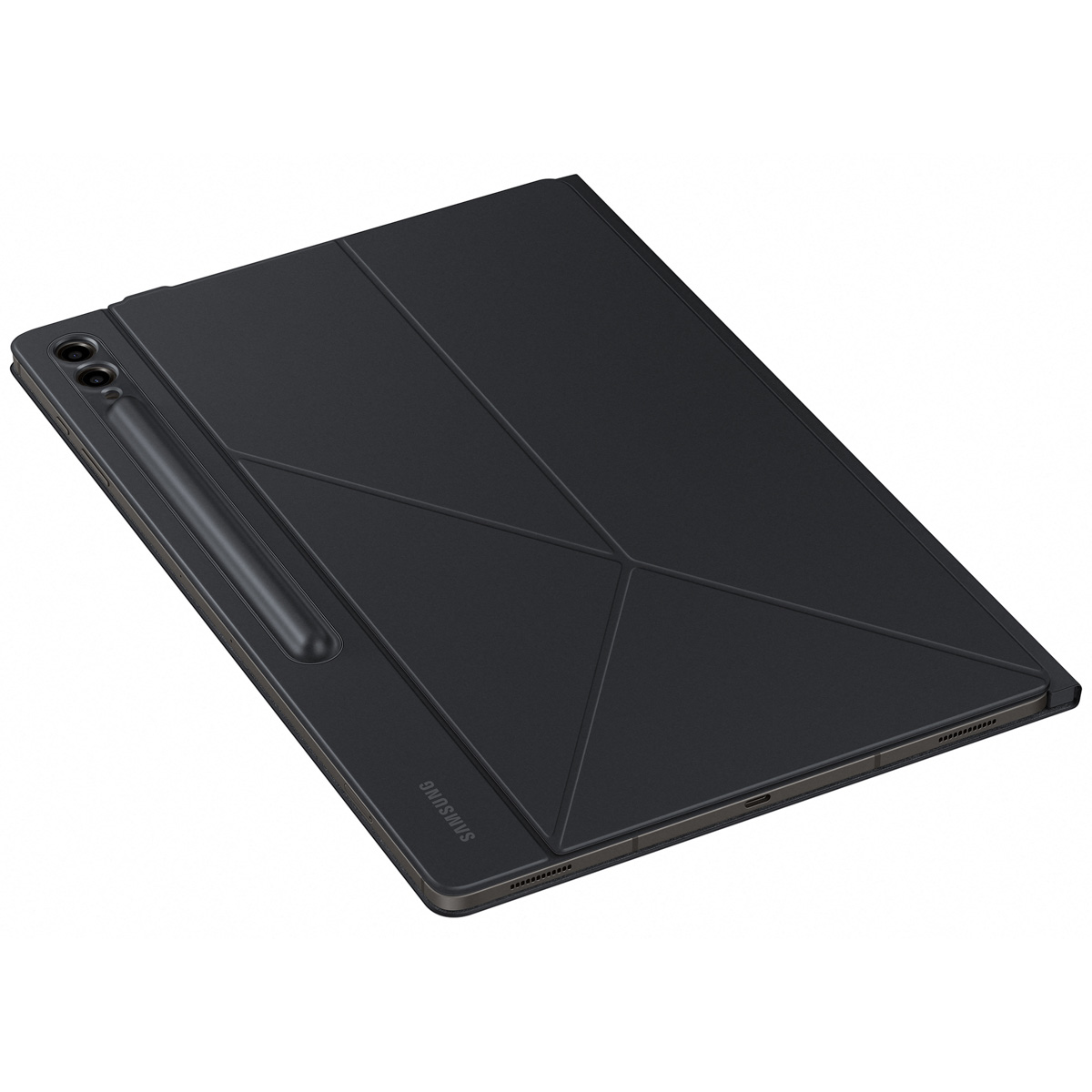 Tableta negra con funda negra y lápiz óptico.