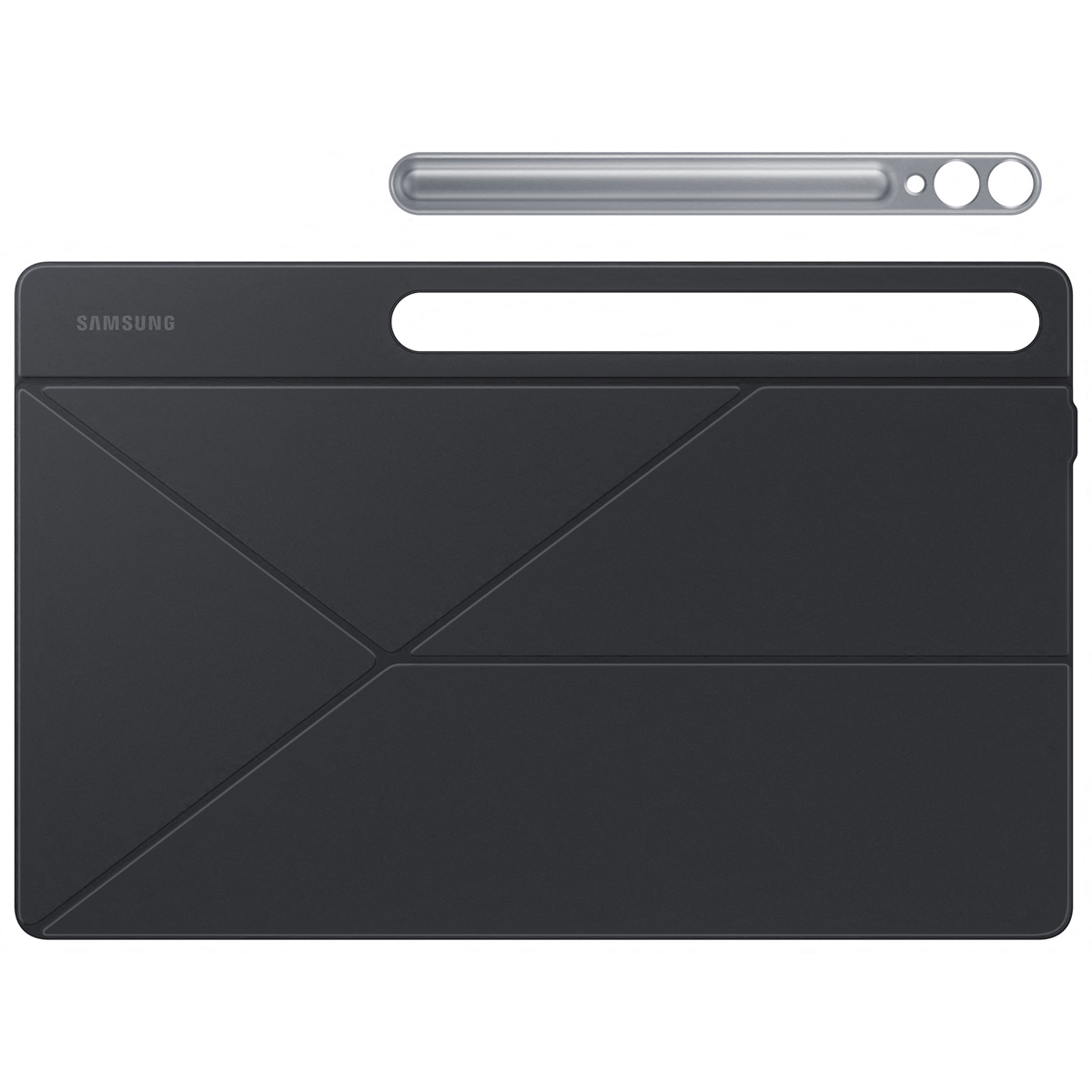 Funda negra para tableta con un lápiz óptico plateado. La funda tiene un diseño geométrico y está sobre fondo blanco.