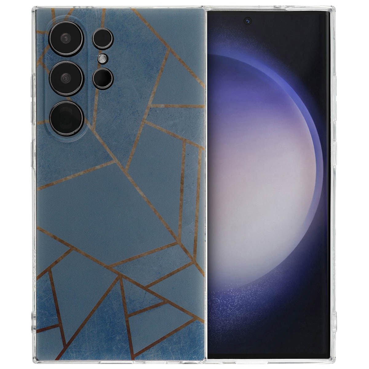 Een telefoon met een blauw en gouden geometrische hoes. De telefoon heeft meerdere camera's.