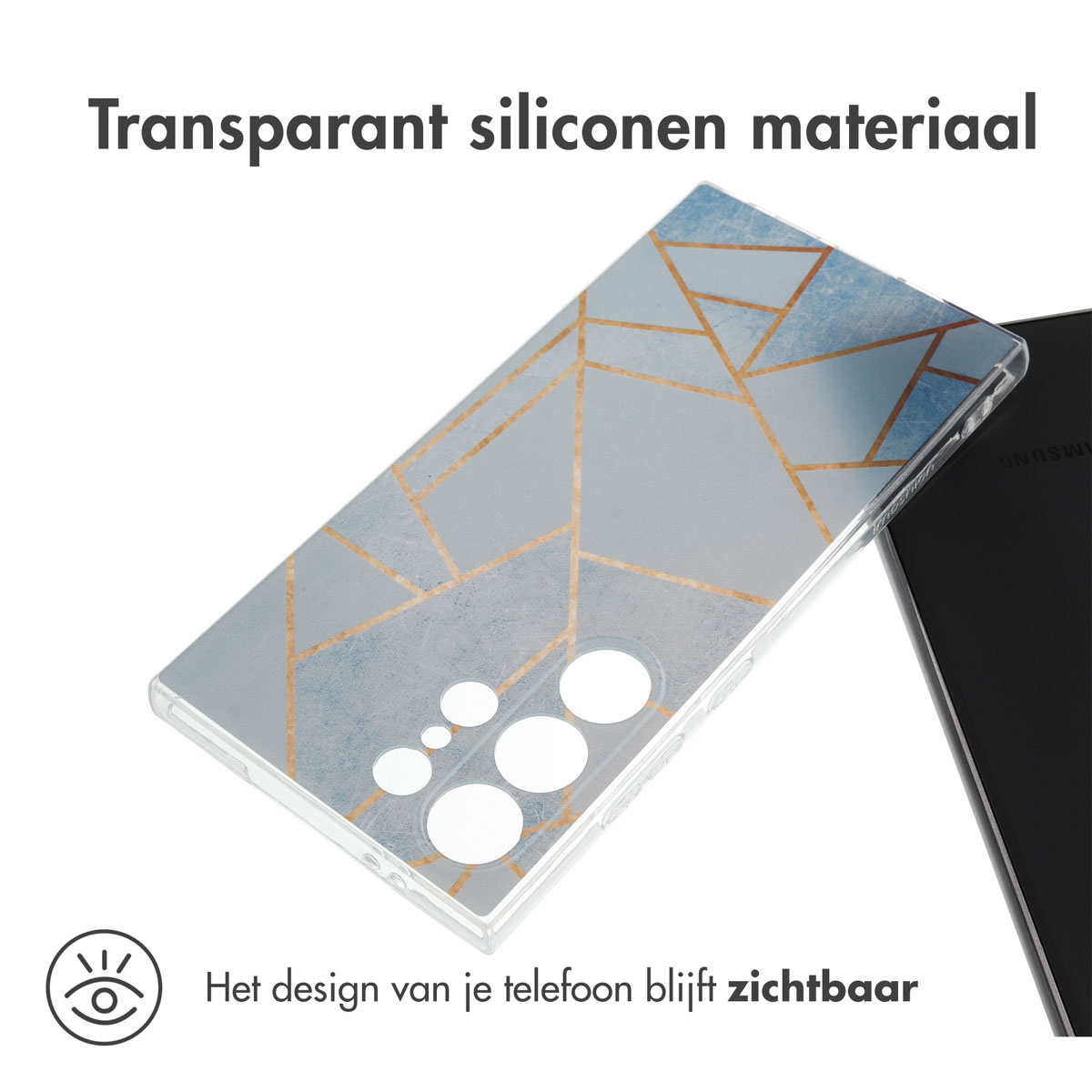 Een telefoon in een transparante hoes met een geometrisch ontwerp. De achterkant van de telefoon is zichtbaar.