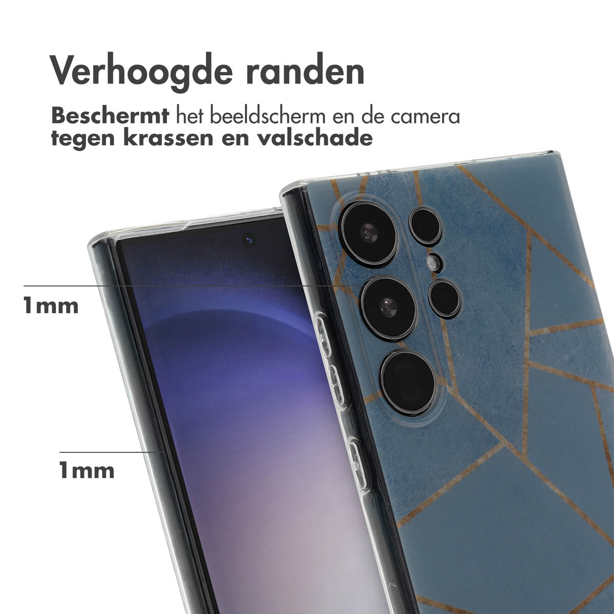 Telefoonhoesje met een blauw geometrisch ontwerp. 1 mm verhoogde randen beschermen het scherm en de camera.