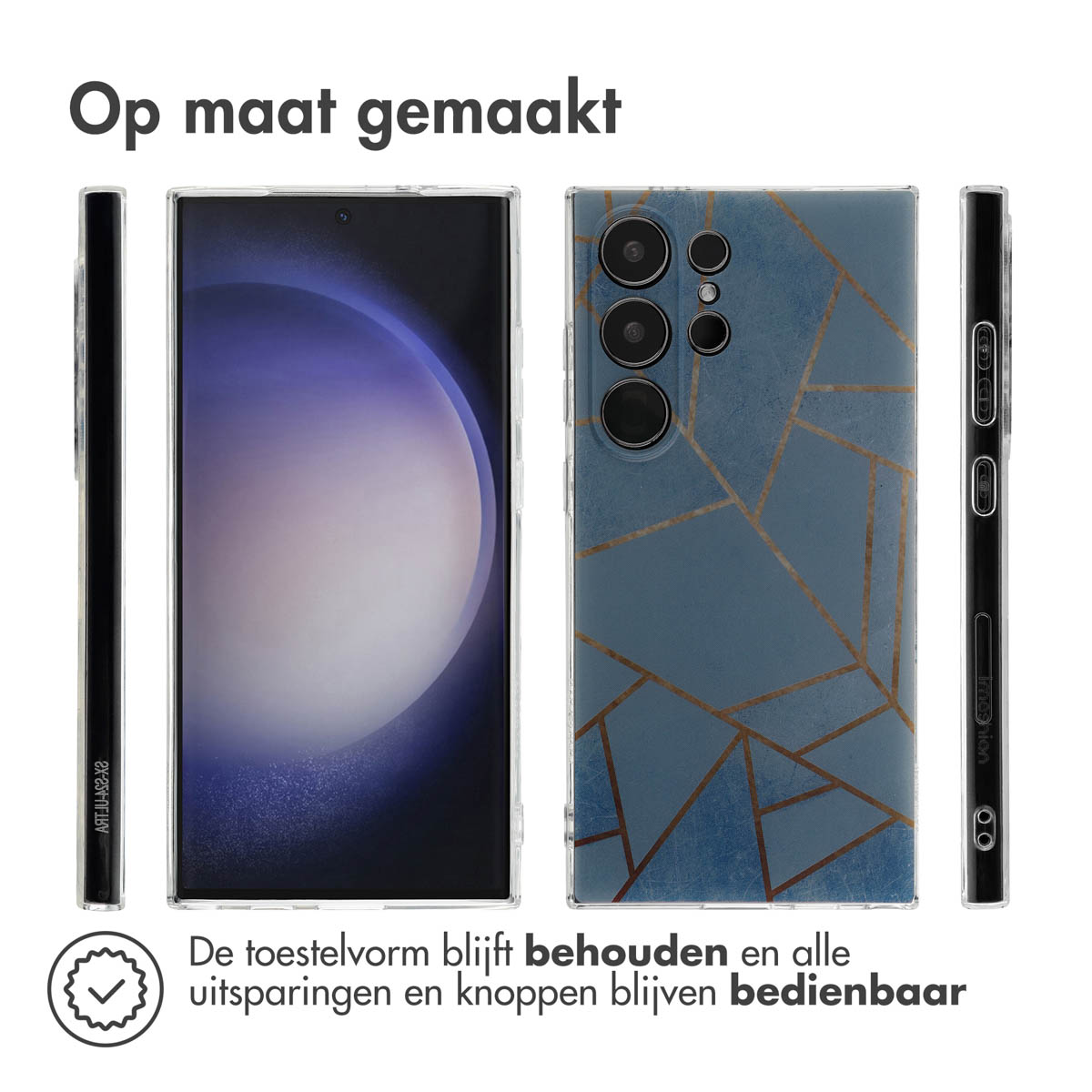 Telefoon met hoesje, meerdere weergaven. Blauw geometrisch ontwerp. Alle uitsparingen bruikbaar.